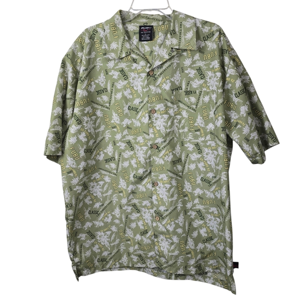 Vintage FUBU Print Spell Out Green Hip Hop Streetwear Shirt Polo Pocket Y2K L